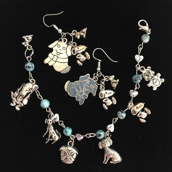 Dog Lovers Silver & Turquoise Charm Bracelet & Earrings Set Doggie Theme - Picture 3 of 5